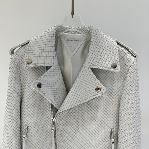 Bottega Veneta Intrecciato Woven Leather Moto Jacket - White