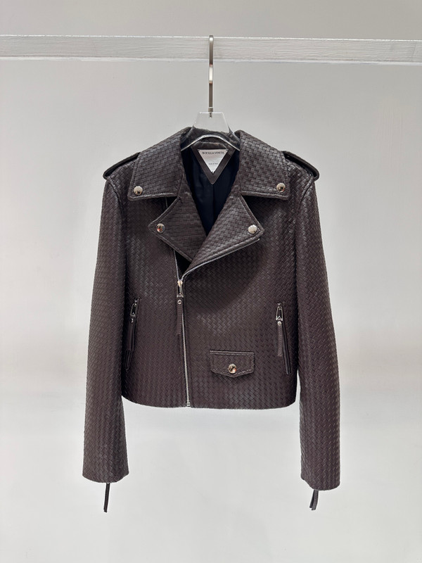 Bottega Veneta Intrecciato Woven Leather Moto Jacket - Dark Brown