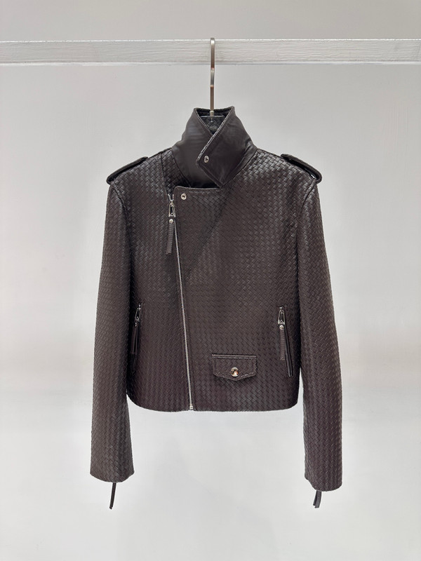 Bottega Veneta Intrecciato Woven Leather Moto Jacket - Dark Brown