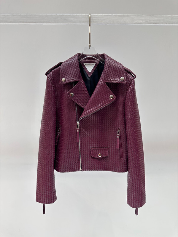 Bottega Veneta Intrecciato Woven Leather Moto Jacket - Burgundy