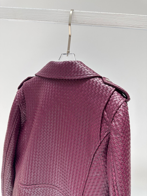 Bottega Veneta Intrecciato Woven Leather Moto Jacket - Burgundy