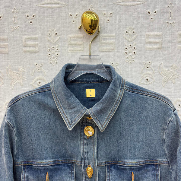 Schiaparelli Denim Fringe Jacket with Gold Logo Hardware – Blue