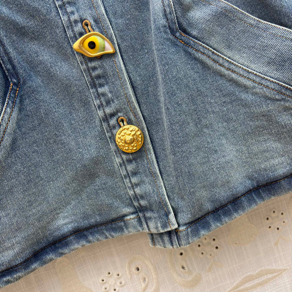 Schiaparelli Denim Fringe Jacket with Gold Logo Hardware – Blue