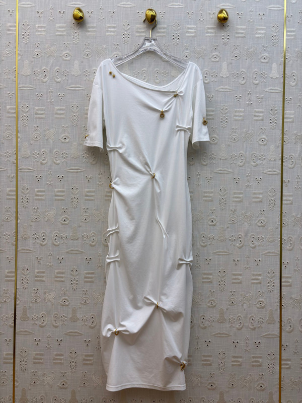 Schiaparelli Asymmetric Knotted Short-Sleeve Midi Dress – White