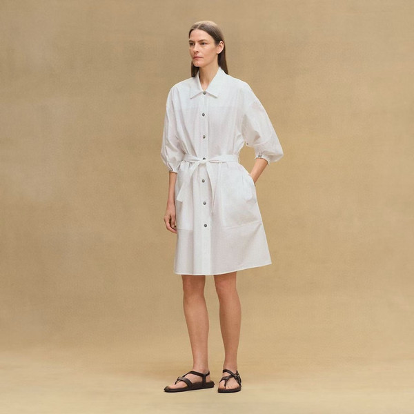 Hermès Spring/Summer 2026 H-Jacquard Lantern Sleeve Shirt Dress – White