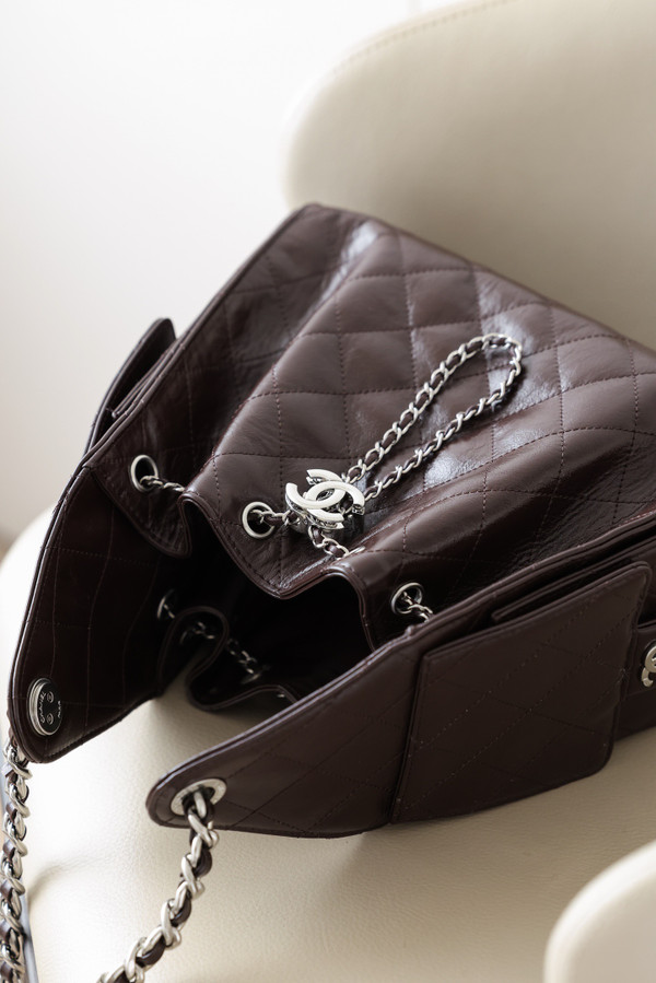 Chanel 25 Small Dark Burgundy Grained Calf Leather Shoulder Bag with Silver Hardware