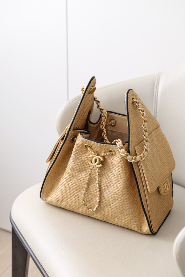CHANEL 25 Mini Handbag   Braided Raffia, Calfskin & Gold-Tone Metal  Beige & Black