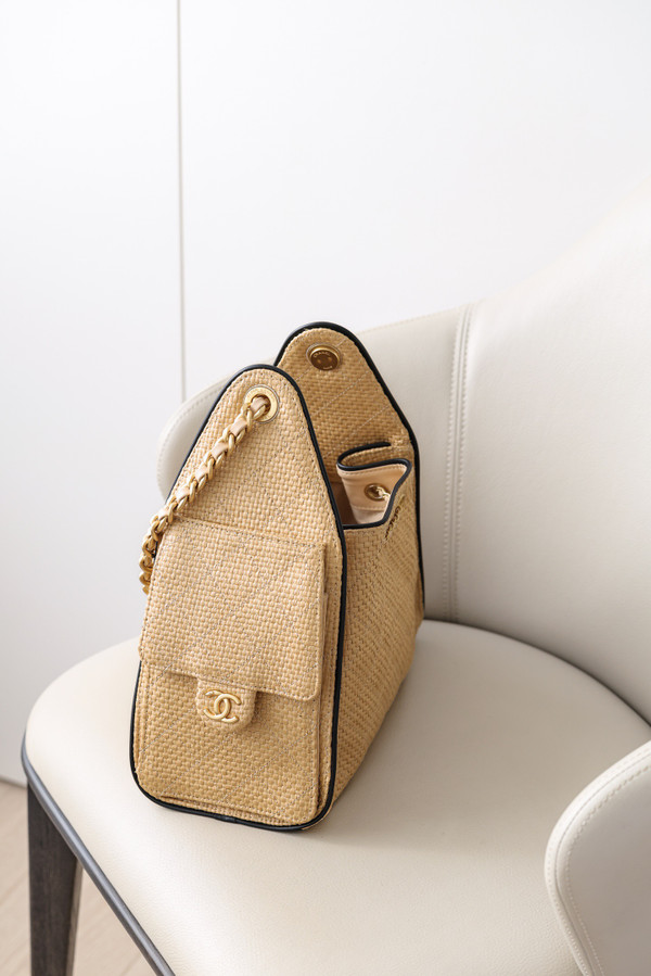 CHANEL 25 Mini Handbag   Braided Raffia, Calfskin & Gold-Tone Metal  Beige & Black