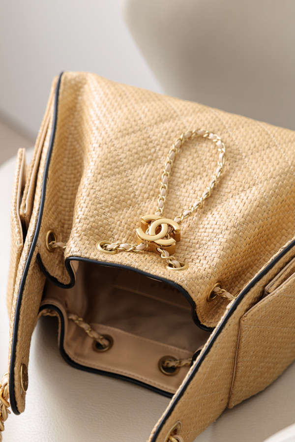CHANEL 25 Mini Handbag   Braided Raffia, Calfskin & Gold-Tone Metal  Beige & Black