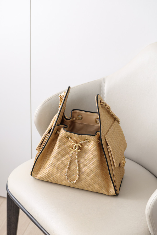 CHANEL 25 Mini Handbag   Braided Raffia, Calfskin & Gold-Tone Metal  Beige & Black