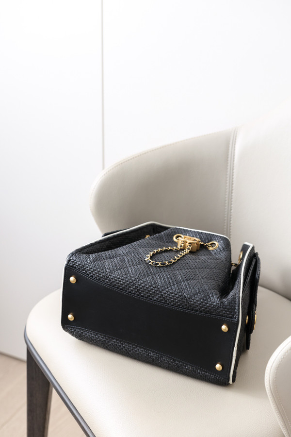 CHANEL 25 Mini Handbag   Braided Raffia, Calfskin & Gold-Tone Metal Black