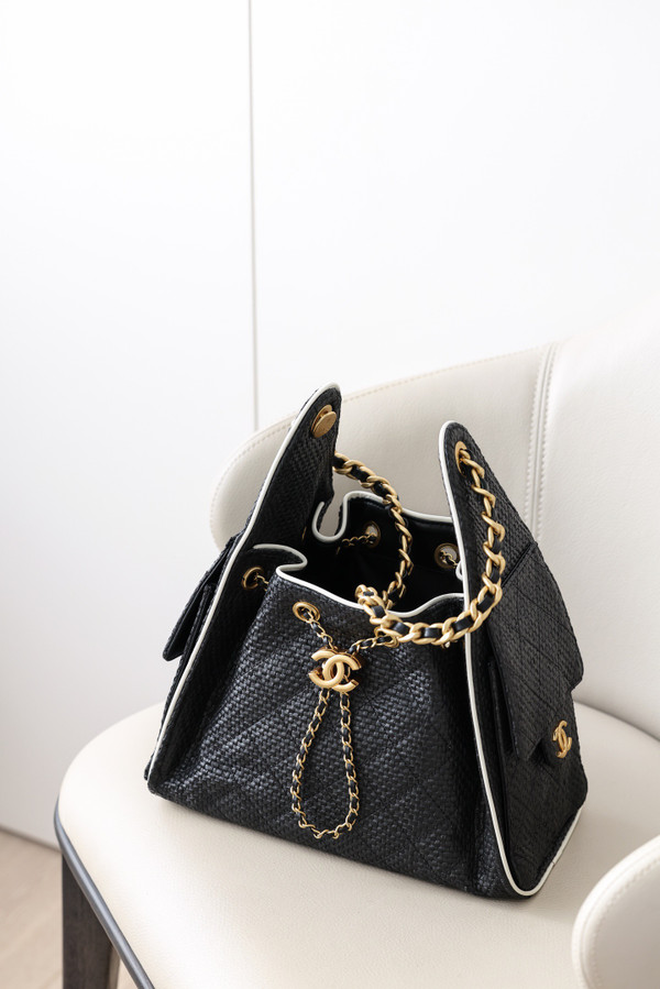 CHANEL 25 Mini Handbag   Braided Raffia, Calfskin & Gold-Tone Metal Black