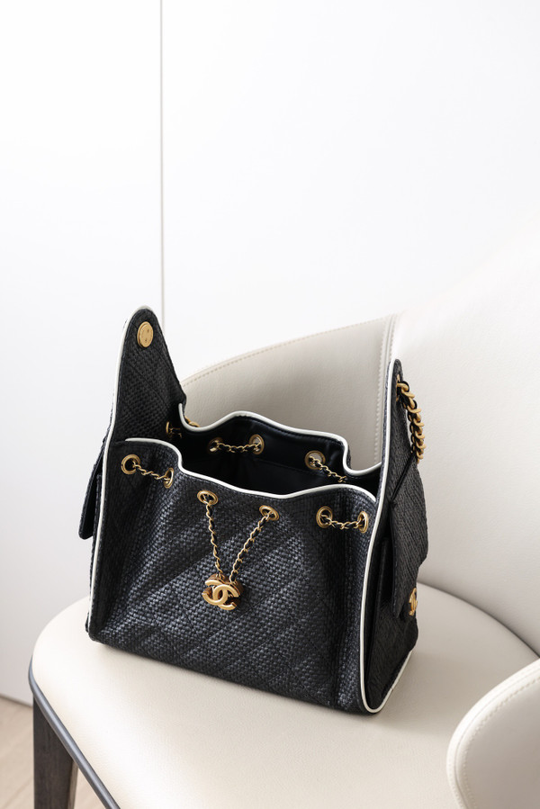 CHANEL 25 Mini Handbag   Braided Raffia, Calfskin & Gold-Tone Metal Black