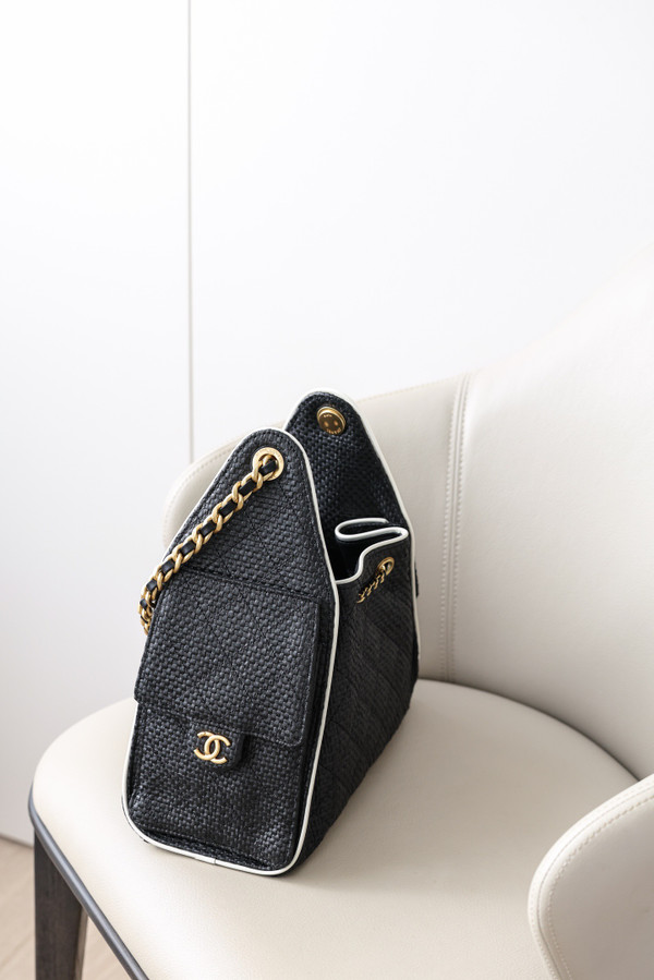 CHANEL 25 Mini Handbag   Braided Raffia, Calfskin & Gold-Tone Metal Black