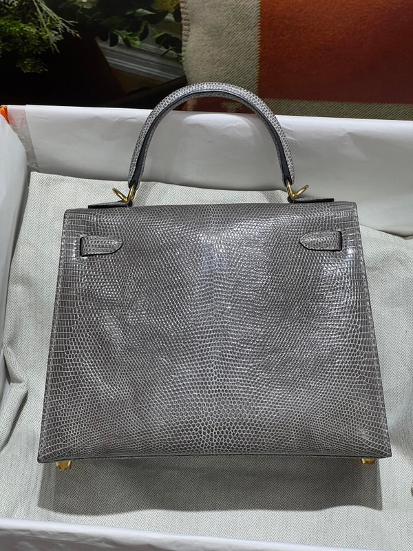Hermes Kelly 25 Grey Lizard with Gold Hardware
