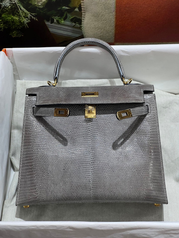 Hermes Kelly 25 Grey Lizard with Gold Hardware
