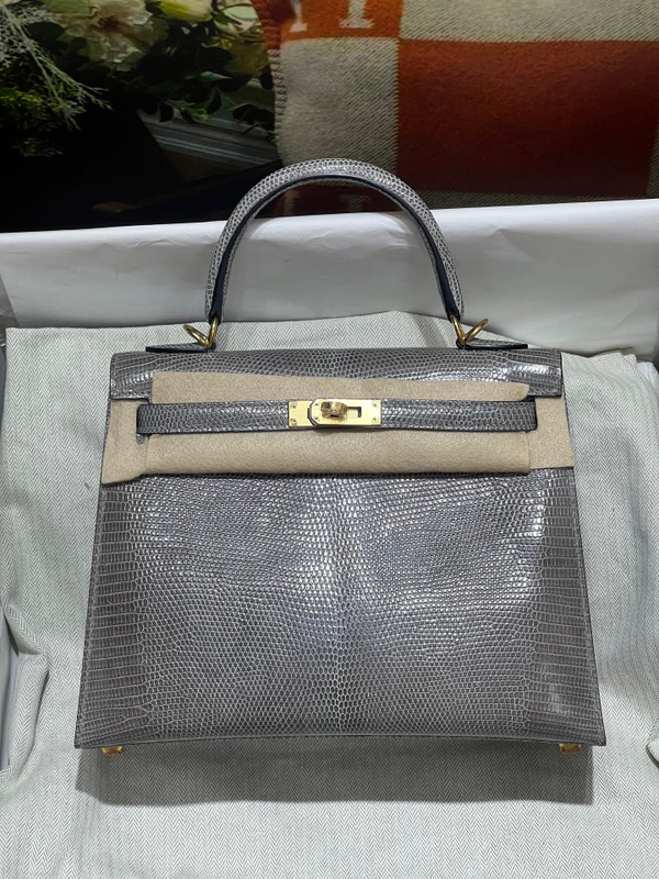 Hermes Kelly 25 Grey Lizard with Gold Hardware