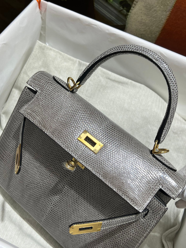 Hermes Kelly 25 Grey Lizard with Gold Hardware
