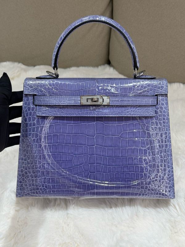 Hermès Kelly 25 Sellier Shiny Sheherazade Crocodile Palladium Hardware