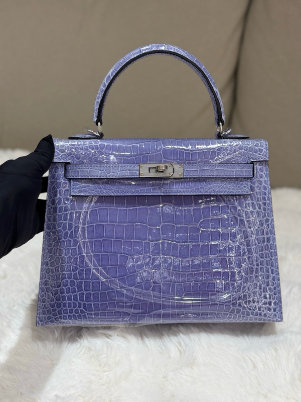 Hermès Kelly 25 Sellier Shiny Sheherazade Crocodile Palladium Hardware