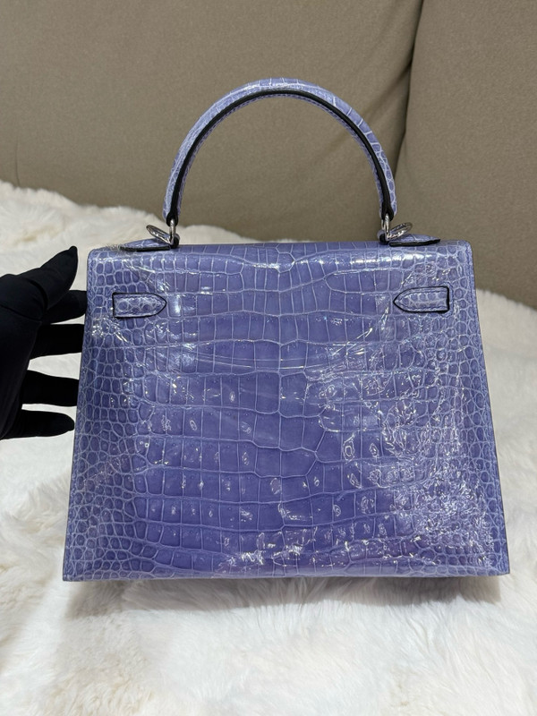 Hermès Kelly 25 Sellier Shiny Sheherazade Crocodile Palladium Hardware