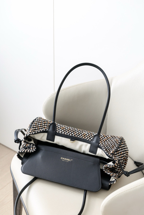 Chanel Small "Urban Essential" East West Shopping Tote — Black Calfskin & Multi Tweed