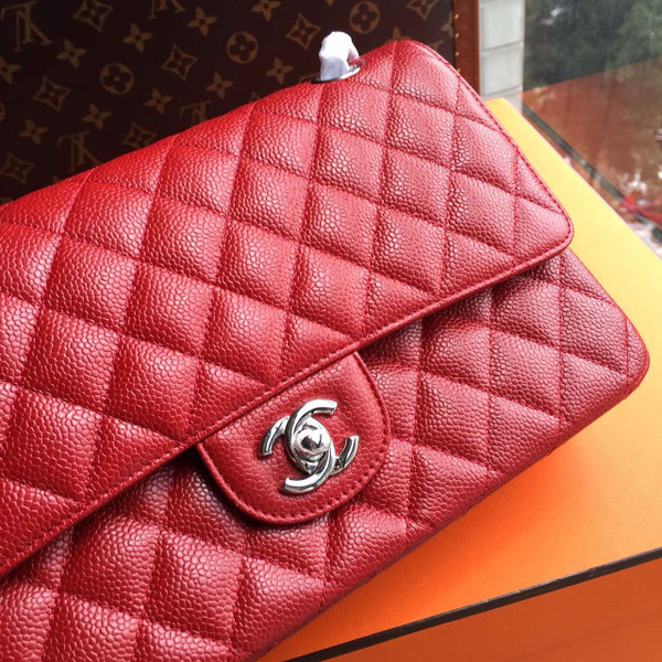 CHANEL Red Lambskin Leather Classic Double Flap 2.55 Shoulder Bag Silver HW