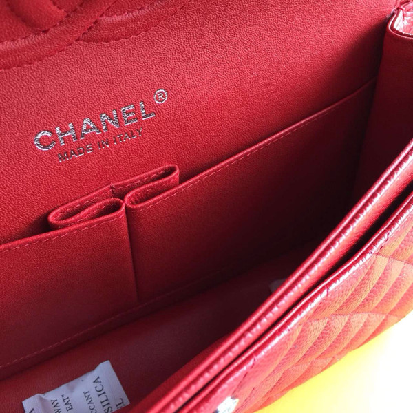 CHANEL Red Lambskin Leather Classic Double Flap 2.55 Shoulder Bag Silver HW