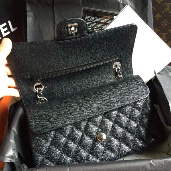 CHANEL Classic Flap Bag Black Caviar Leather with Silver HW Medium A01112