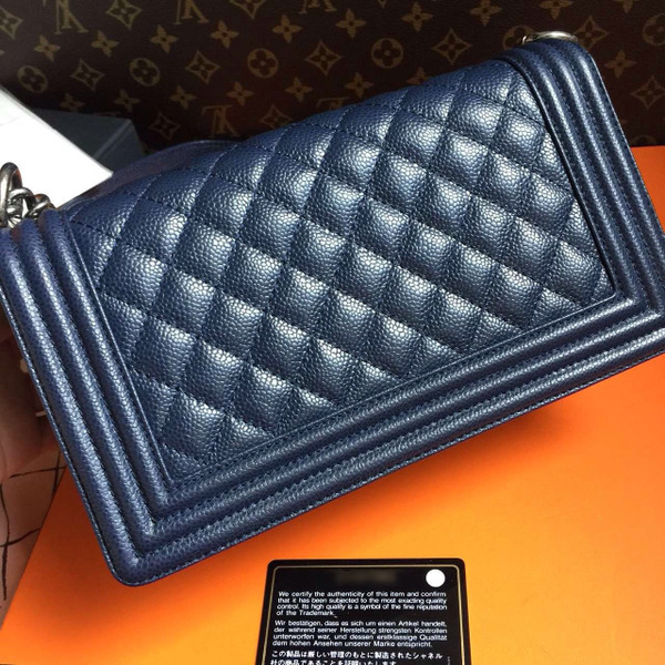 CHANEL Navy Blue Quilted Leather LE BOY with Silver HW
