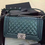 CHANEL Emerald Quilted Patent Leather Medium LE BOY Bag with Silver HW