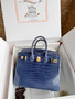 Hermes 7k Blue Saphir Birkin 30 in Porosus  Crocodile with Gold hardware