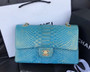 Chanel Classic Handbag with Blue Python & Gold Metal