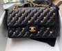 Chanel Black Leather Medium Classic 18K Gold Charms Double Flap Bag