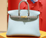 Hermes Special Order Bi-Colour 3P Blue Atoll/ 4Z Gris Mouette Birkin 25 cm Togo Gold  Hardware