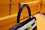 Hermès Special Order Black/ Blue  Electric Kelly 28 Box Leather  Gold Hardware with crocodile handle
