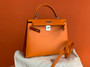 Hermes Orange Kelly 28 cm Epsom Palladium Hardware