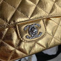 Chanel Limited Edition Gold Metallic Crumpled Calfskin & Silver-Tone Metal Charcoal Flap Bag with Top Handle 