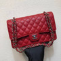 CHANEL Red Caviar Leather Classic Double Flap 2.55 Shoulder Bag Silver HW