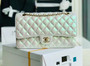 CHANEL Iridescent White Quilted Caviar Medium Double Flap Bag Cruise 2020