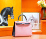 Hermes Rose Confetti /Blue Nuit  Sellier Kelly 25 cm Epsom Gold Hardware