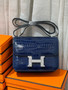 HERMES SHINY BLEU ÉLECTRIQUE POROSUS CROCODILE MINI CONSTANCE 18 WITH 18K WHITE GOLD & DIAMOND HARDWARE