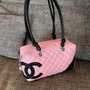 Vintage Chanel Cambon Bowler Bag Pink and Black Calfskin Silver Hardware