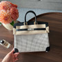 Hermès Black Swift and Ecru Toile Quadrille Birkin 25 Palladium Hardware