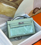 Hermes mini kelly Pochette Menthe Matte Croco Alligator/ feather