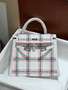 HERMES KELLY 25 TARTAN LIGHT SWIFT GRIS PALE / BUBBLEGUM / VERT MOYEN PHW