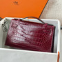 Hermès Kelly Pochette Shiny Porosus Crocodile / Alligator Lisse (Rouge H / Bordeaux PHW)