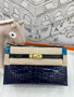 Hermès Kelly Pochette Shiny Alligator Lisse Tri-Color (Bleu Nuit / Bleu Frida / Noir GHW)