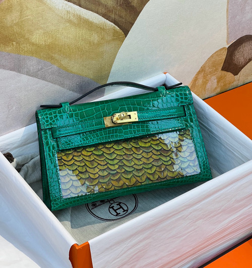 Hermes mini kelly Pochette Menthe Vert Emerald Croco Alligator