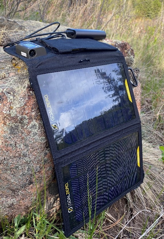 -	GoalZero portable solar panel charging cell phone battery for use during hours of darkness